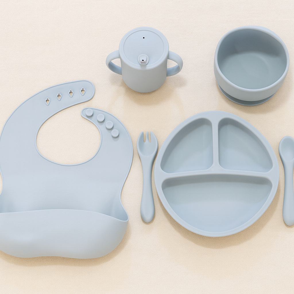 6-Piece Silicone Baby Feeding Set – Plate, Bowl, Cup, Spoon, Fork & Bib