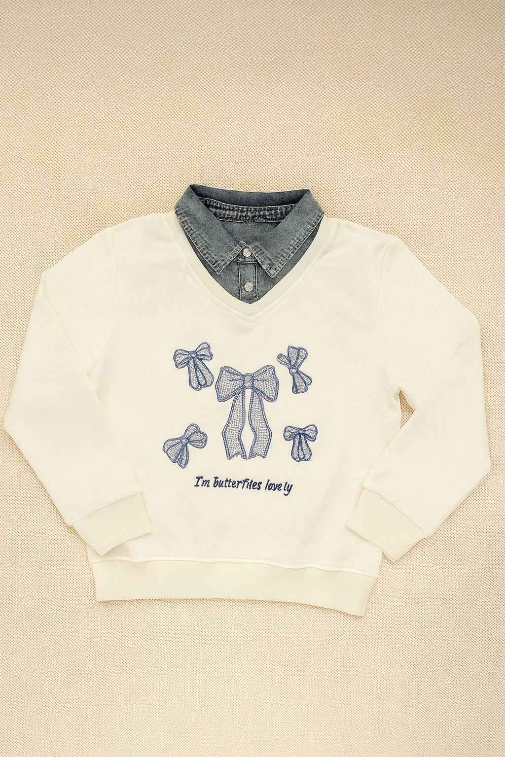 Girls Sweatshirt with Jeans Neck Detail – Ribbon Design