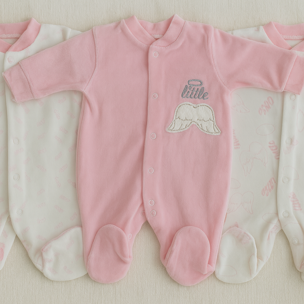 Pink baby onesie with angel design and text on a light background