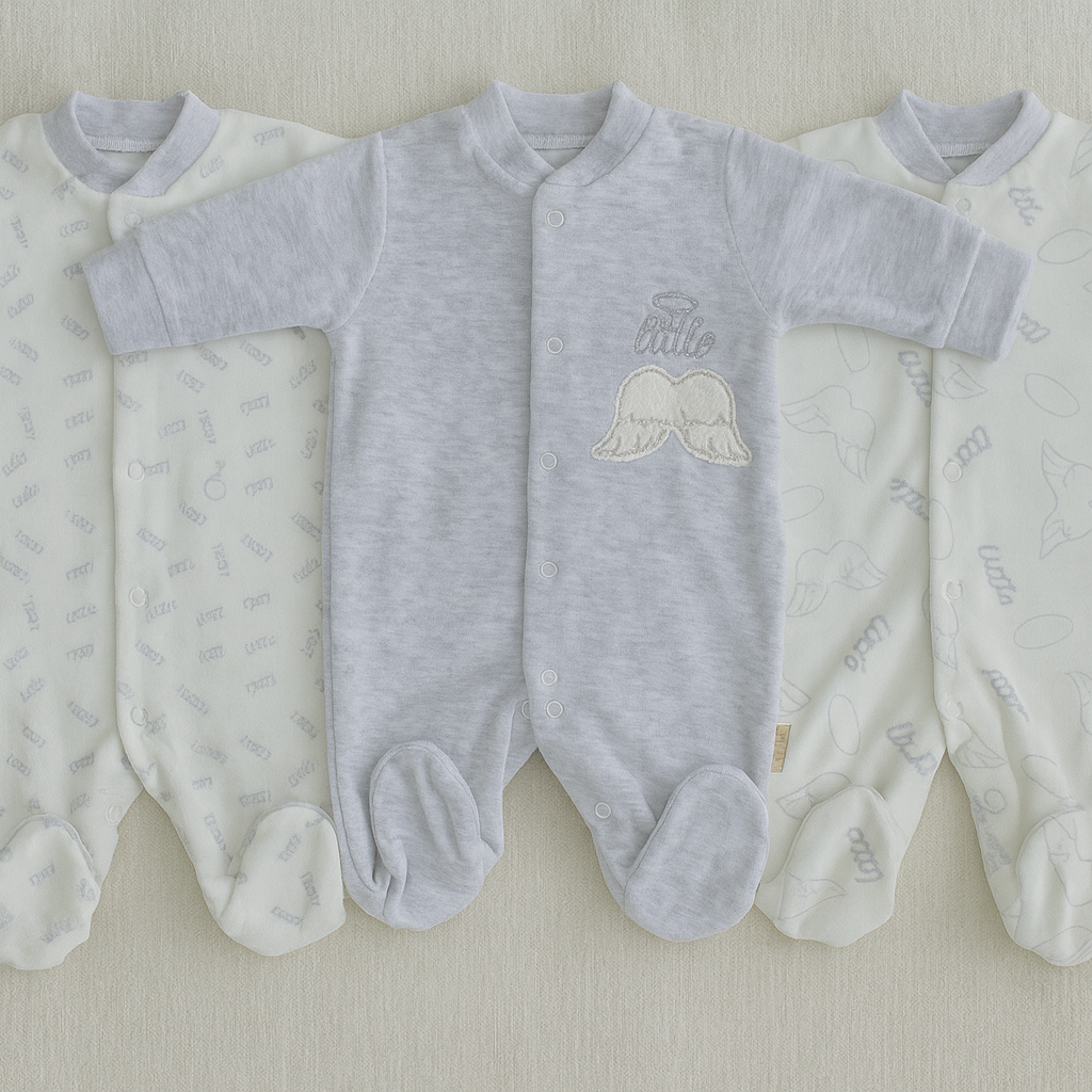 Three baby rompers with footies on a neutral background