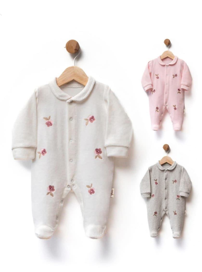 Velvet Baby Sleepsuit – Delicate Floral Embroidery