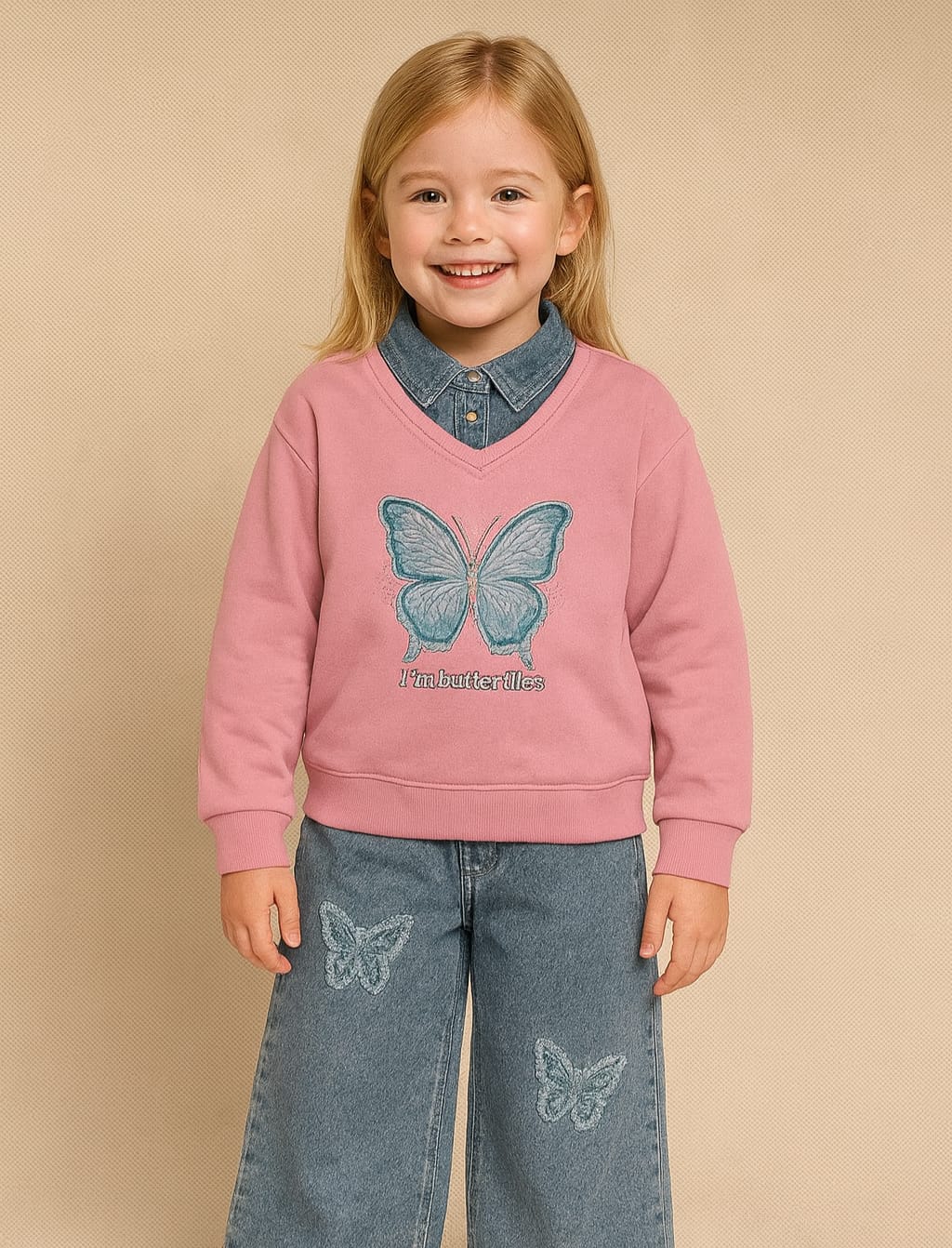 Girls Sweatshirt with Jeans Neck – Butterfly Design