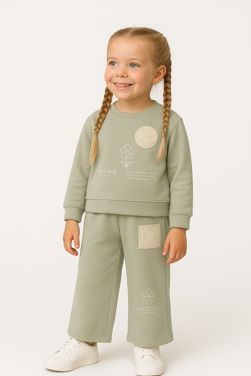 Young girl wearing a green outfit with matching pants and a sweatshirt on a white background