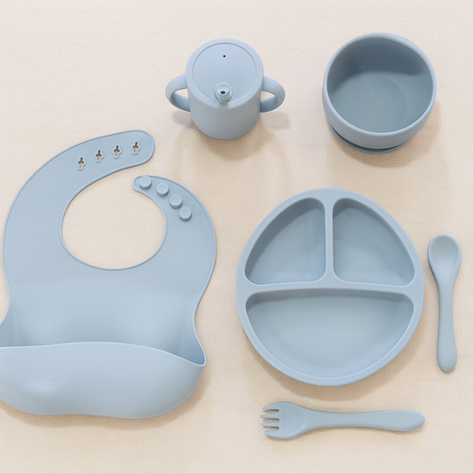 6-Piece Silicone Baby Feeding Set – Plate, Bowl, Cup, Spoon, Fork & Bib