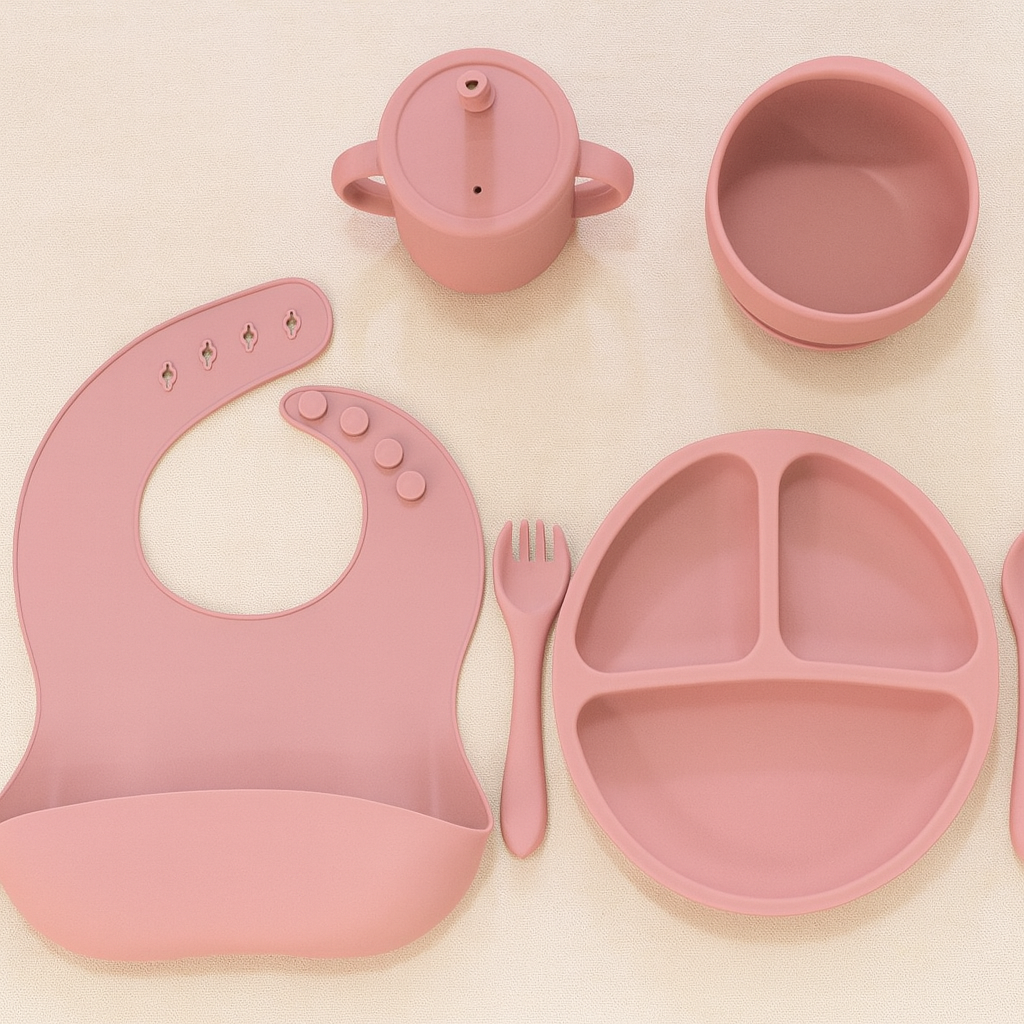 6-Piece Silicone Baby Feeding Set – Plate, Bowl, Cup, Spoon, Fork & Bib