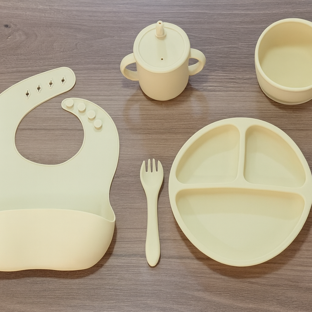 6-Piece Silicone Baby Feeding Set – Plate, Bowl, Cup, Spoon, Fork & Bib