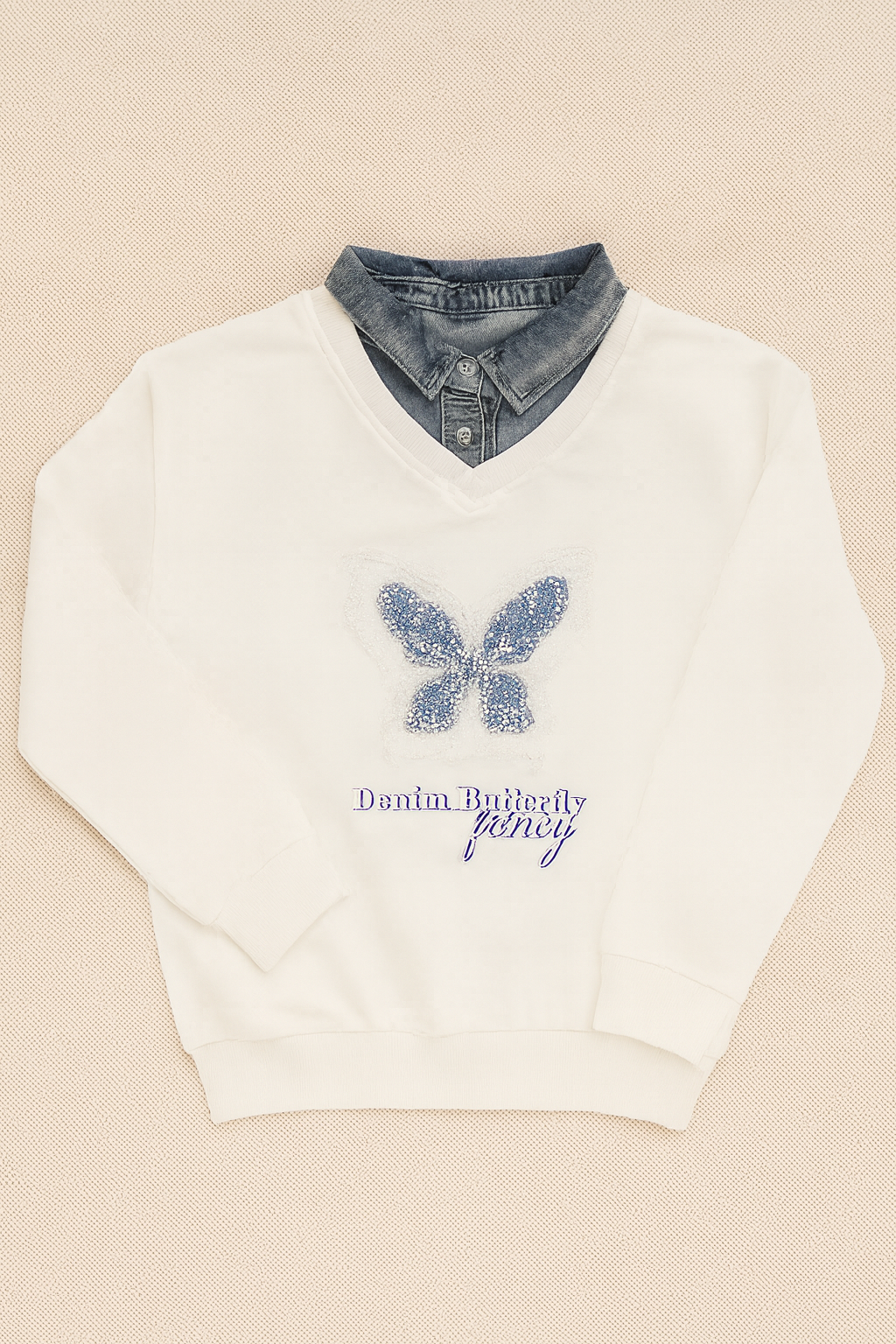 Girls Sweatshirt with Jeans Neck Detail – Butterfly Design
