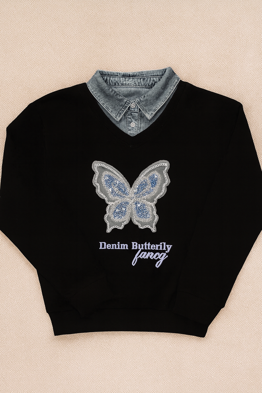 Girls Sweatshirt with Jeans Neck Detail – Butterfly Design
