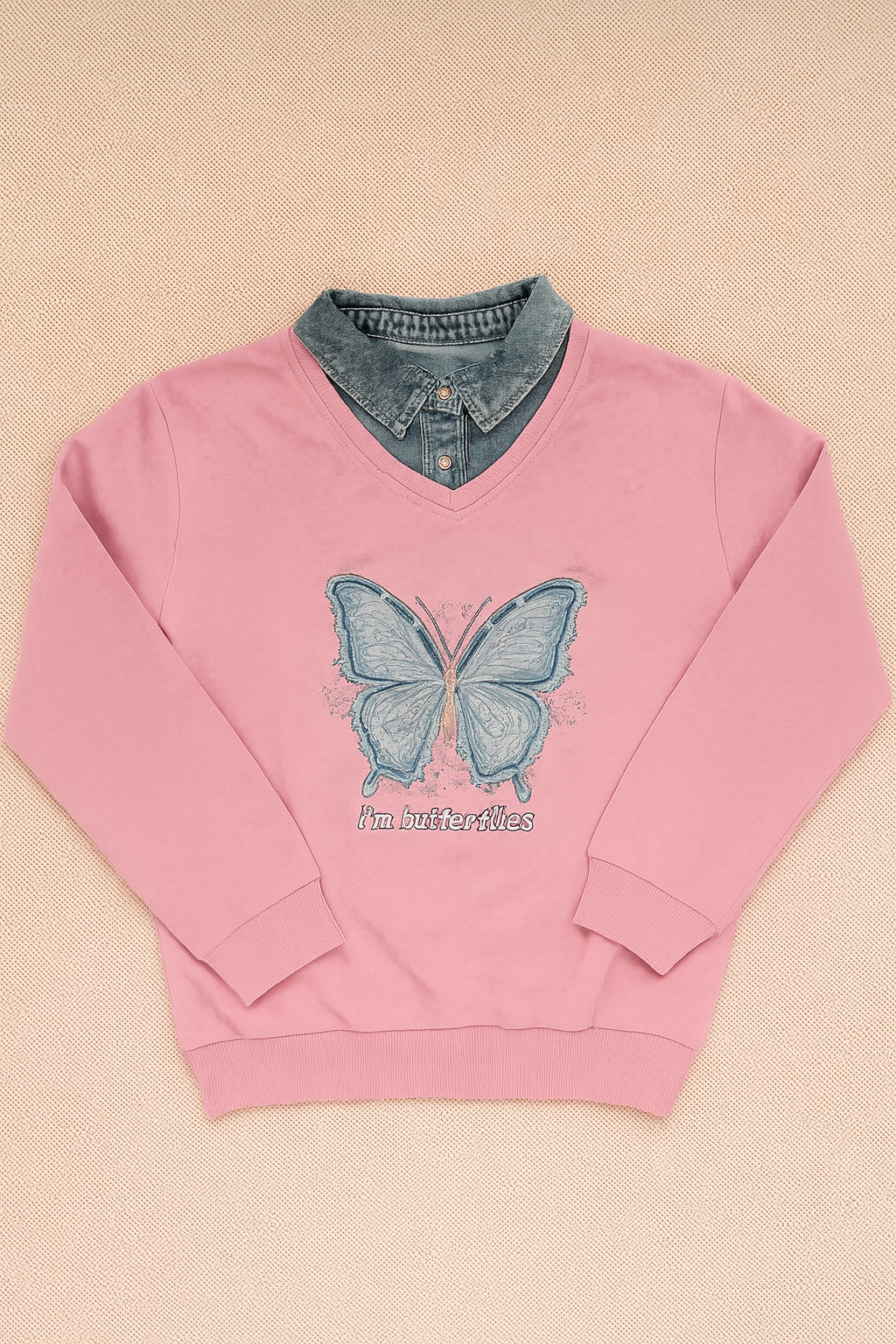 Girls Sweatshirt with Jeans Neck – Butterfly Design