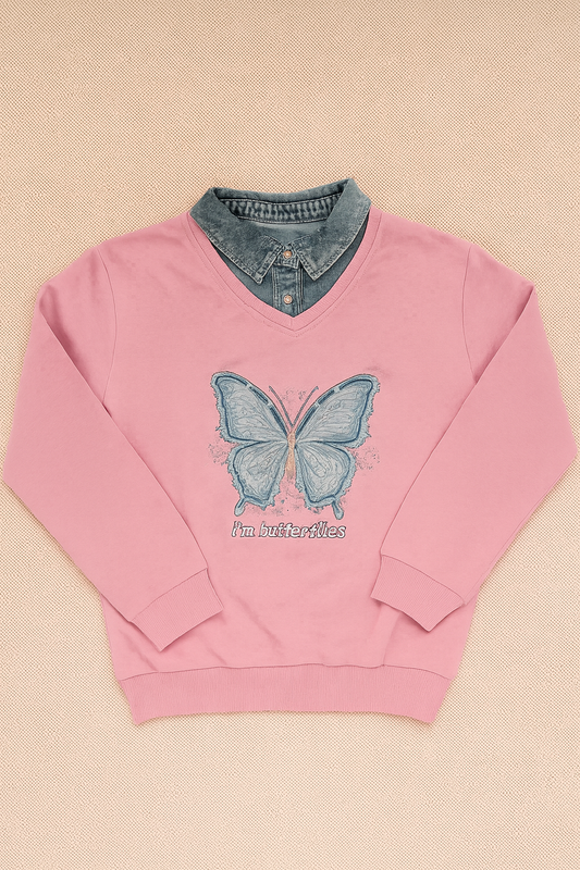 Girls Sweatshirt with Jeans Neck – Butterfly Design