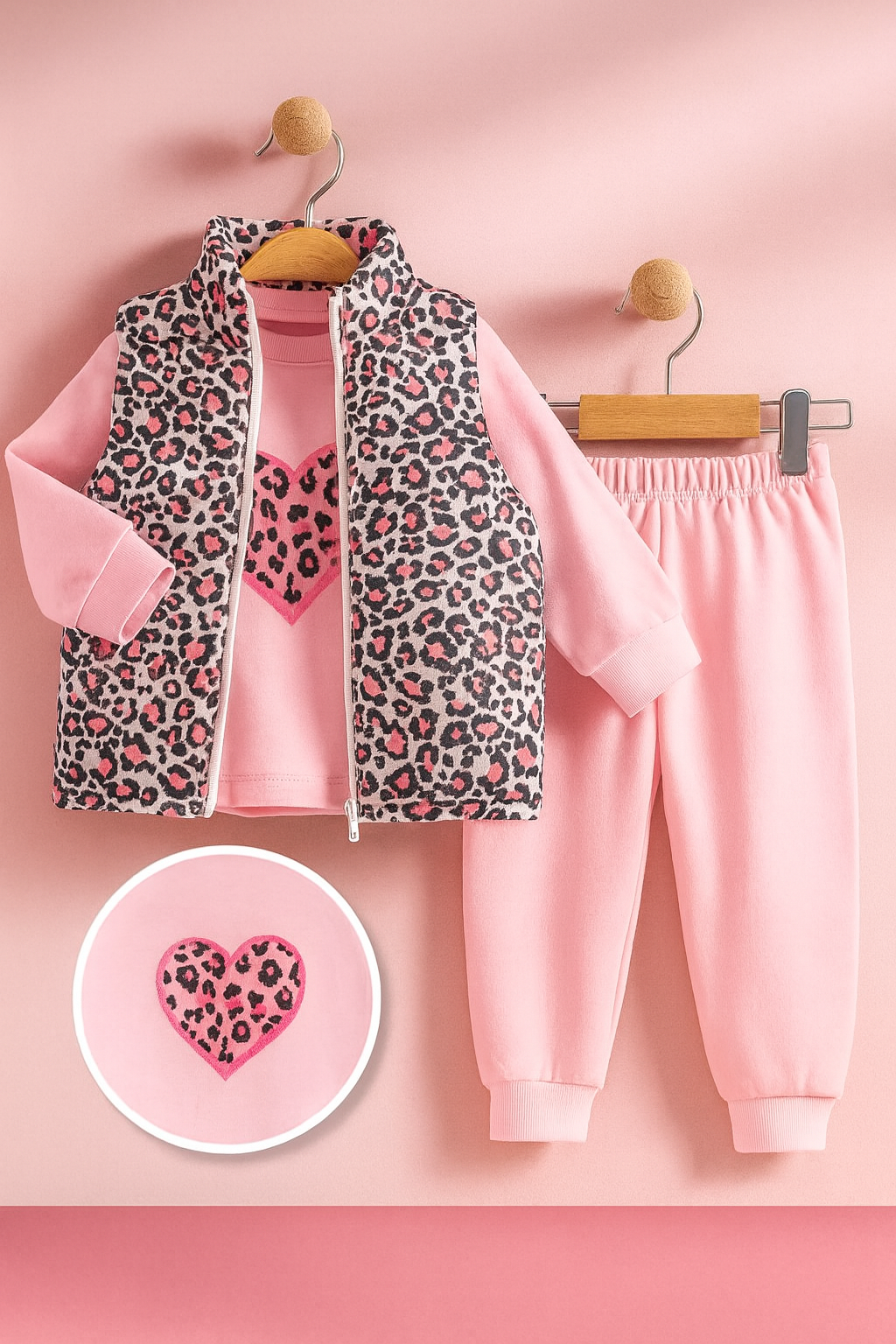 3-Piece Girls Outfit Set – Heart & Leopard Design