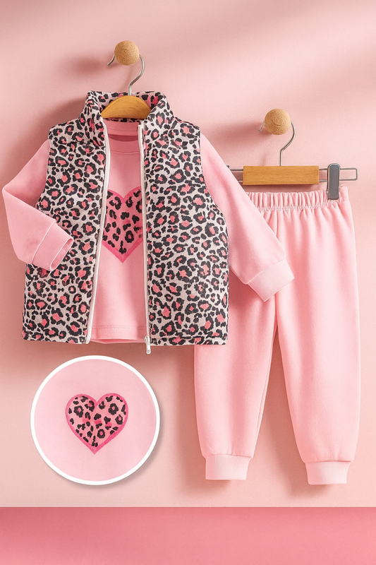 3-Piece Girls Outfit Set – Heart & Leopard Design