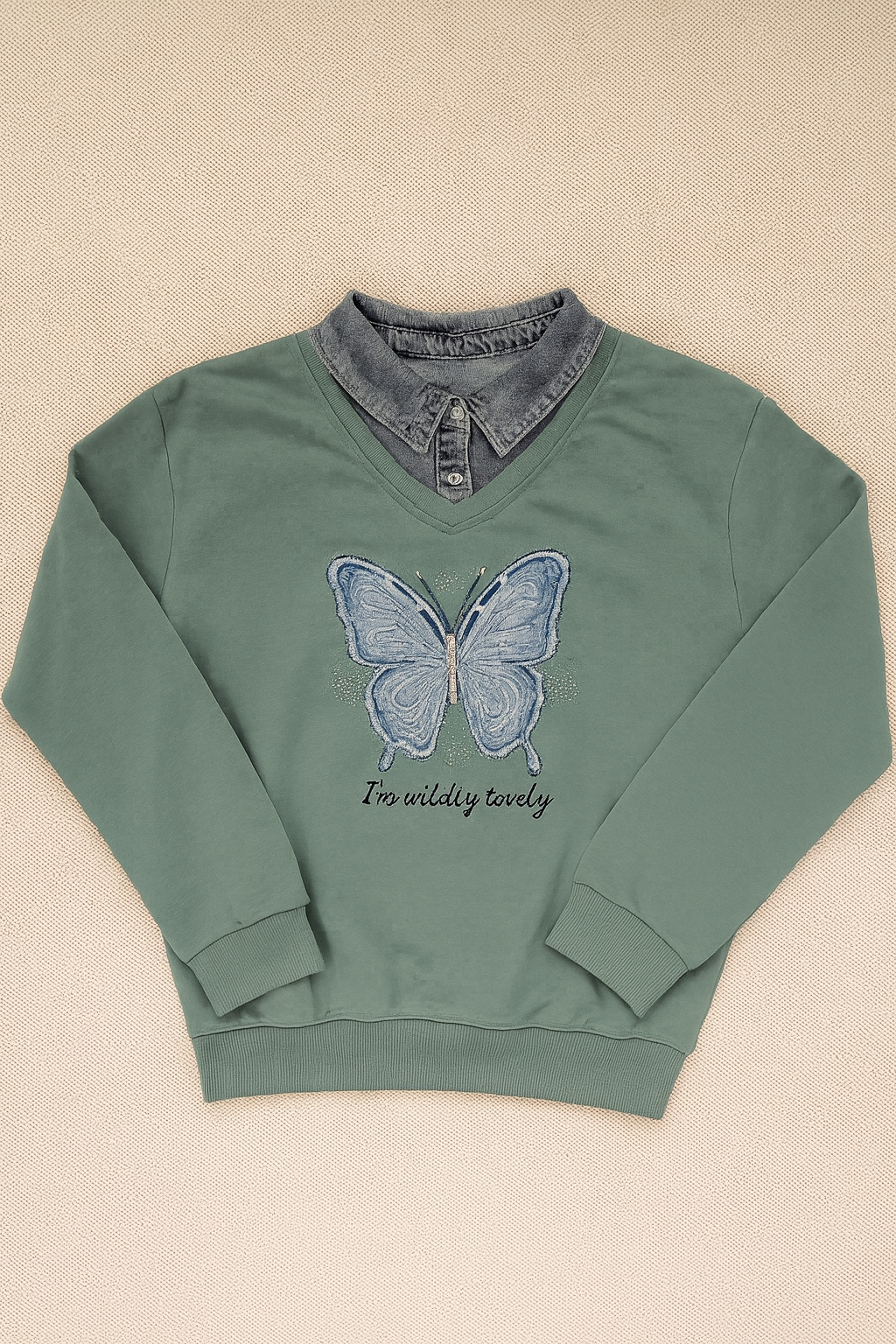 Girls Sweatshirt with Jeans Neck – Butterfly Design