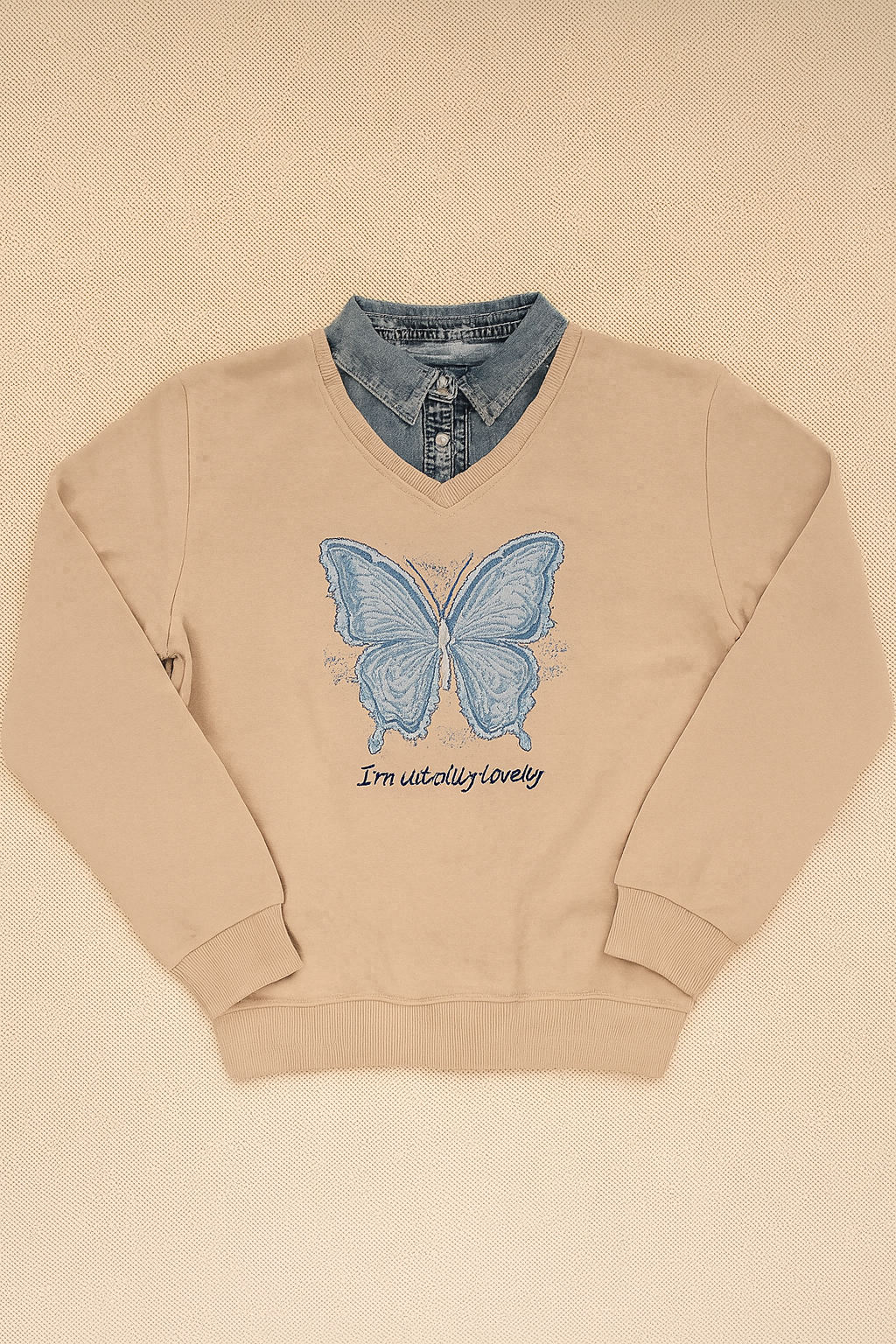 Girls Sweatshirt with Jeans Neck – Butterfly Design