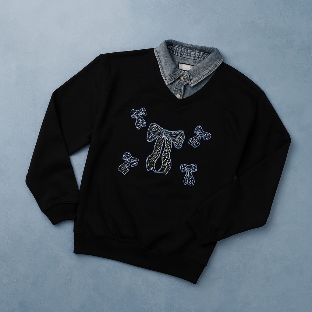 Girls Sweatshirt with Jeans Neck Detail – Ribbon Design