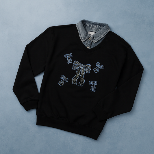 Girls Sweatshirt with Jeans Neck Detail – Ribbon Design