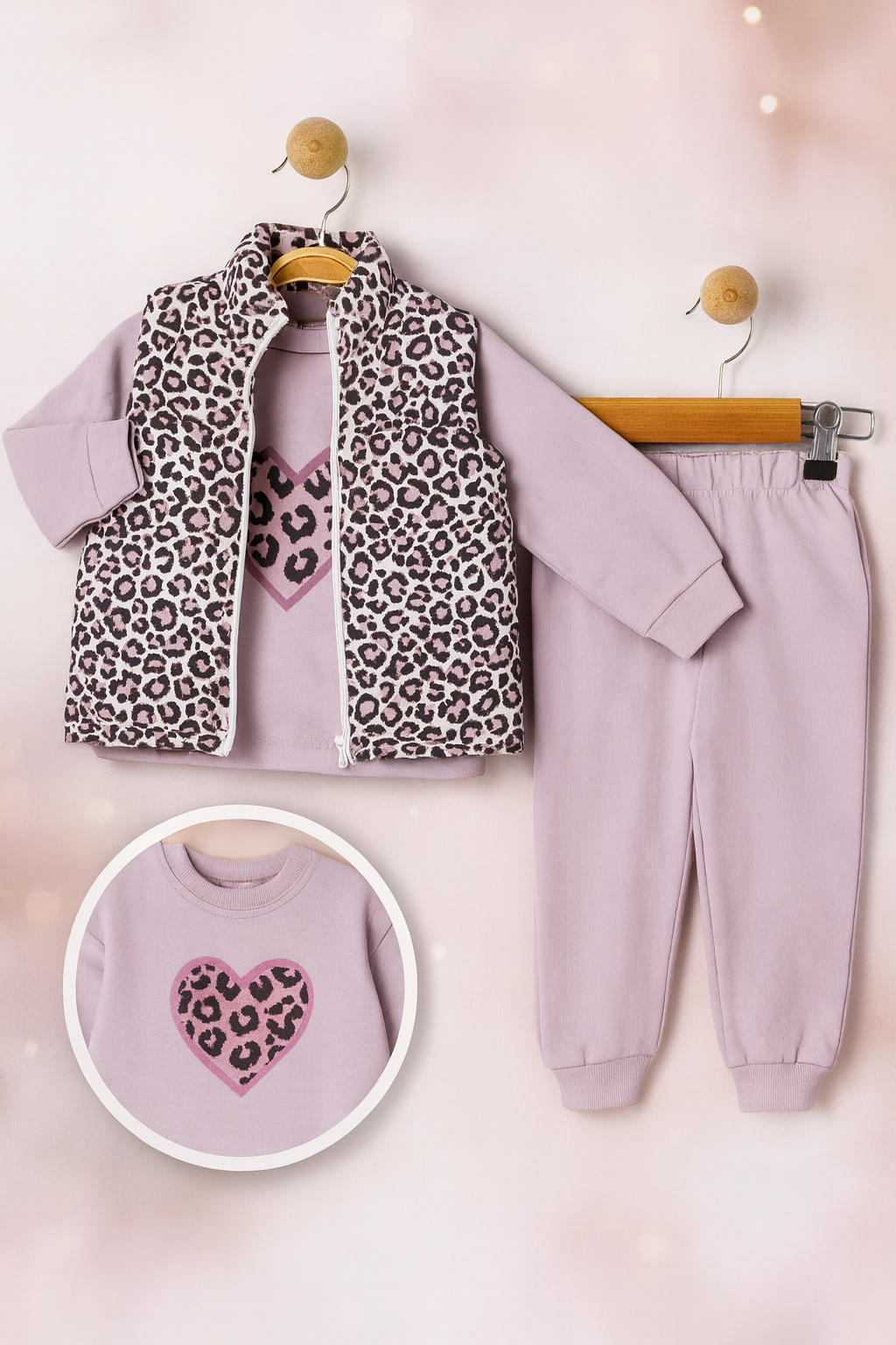3-Piece Girls Outfit Set – Heart & Leopard Design