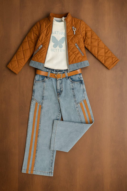 Girls 3-Piece Jeans Strass Set with Jacket – Chic & Elegant