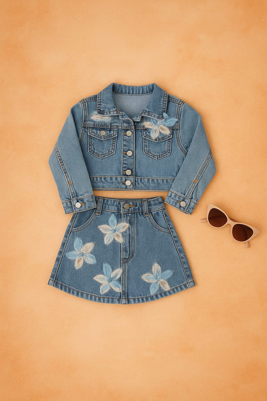 Girls Jeans Jacket and Skirt Set – Flower Design