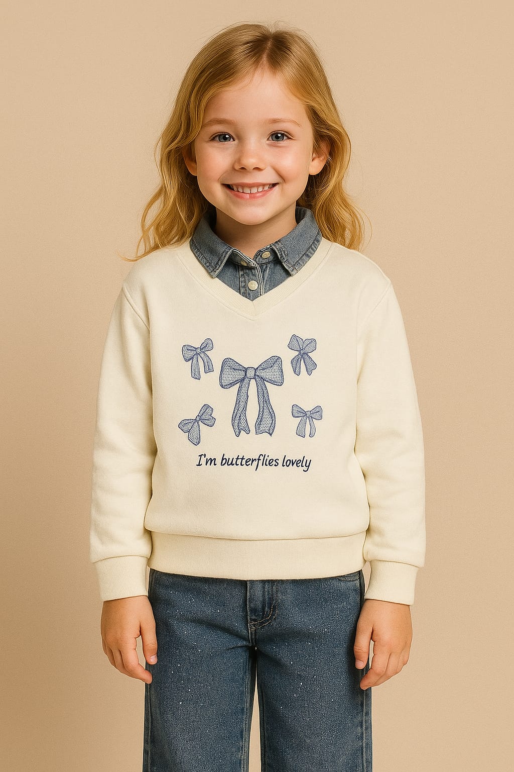 Girls Sweatshirt with Jeans Neck Detail – Ribbon Design