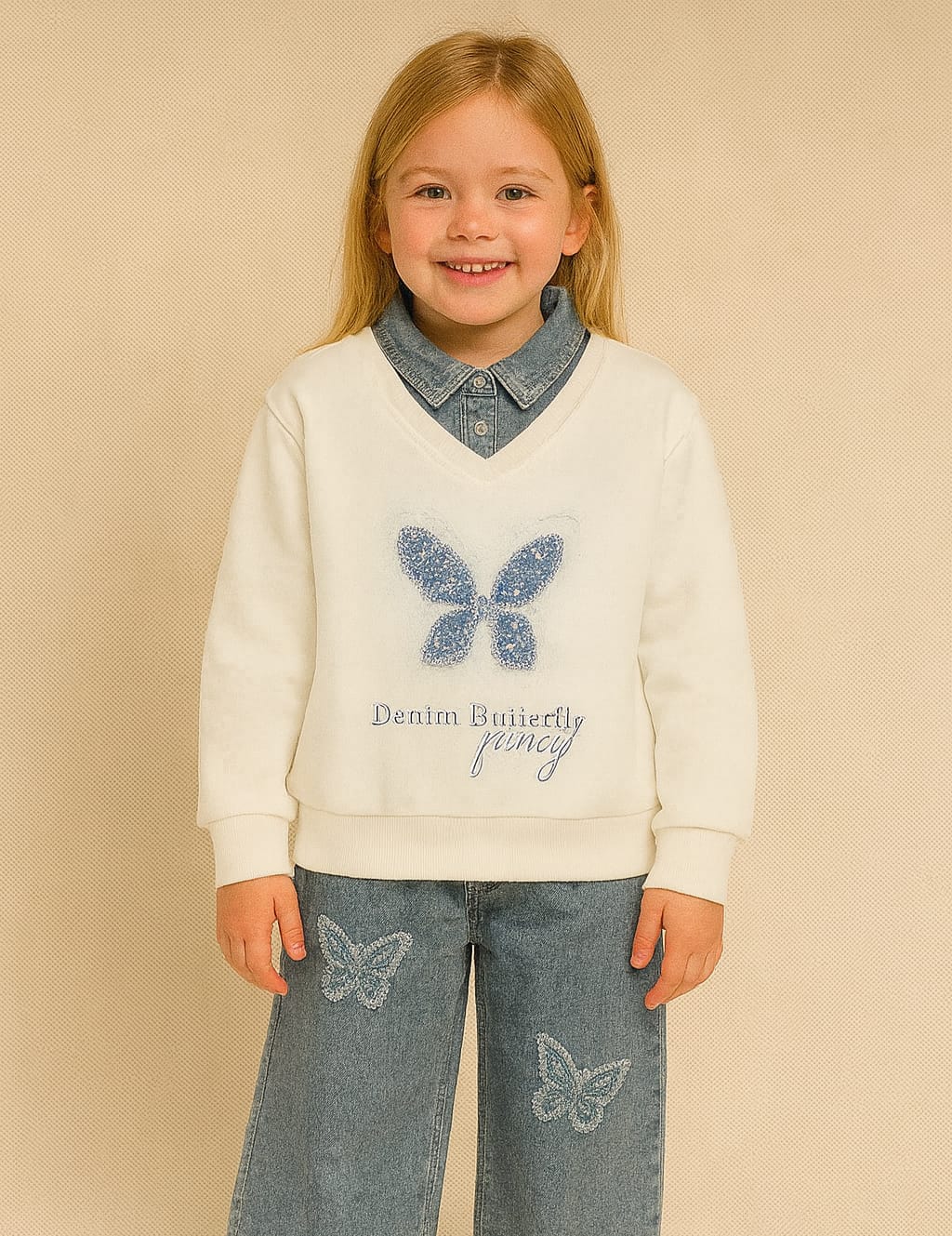 Girls Sweatshirt with Jeans Neck Detail – Butterfly Design