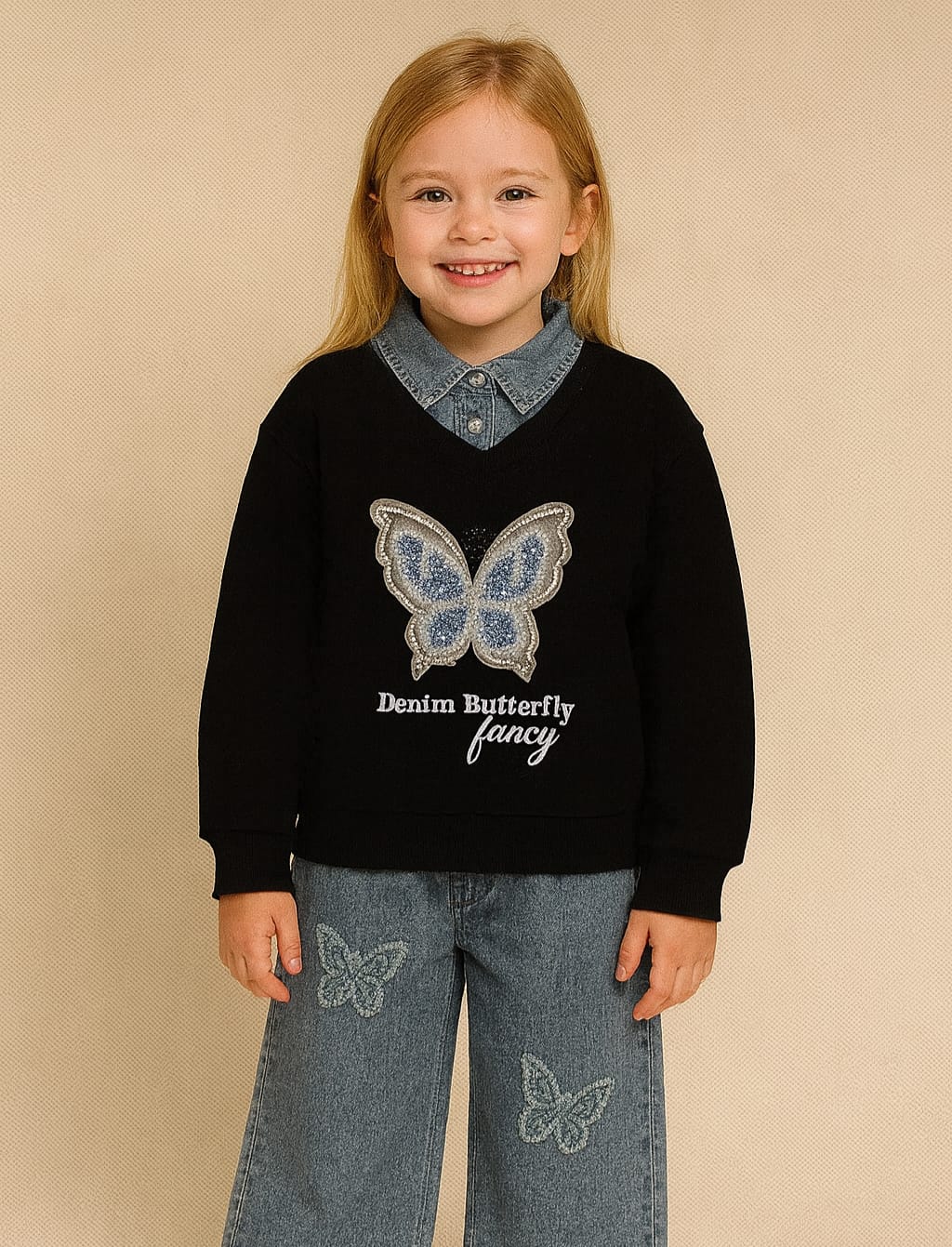 Girls Sweatshirt with Jeans Neck Detail – Butterfly Design