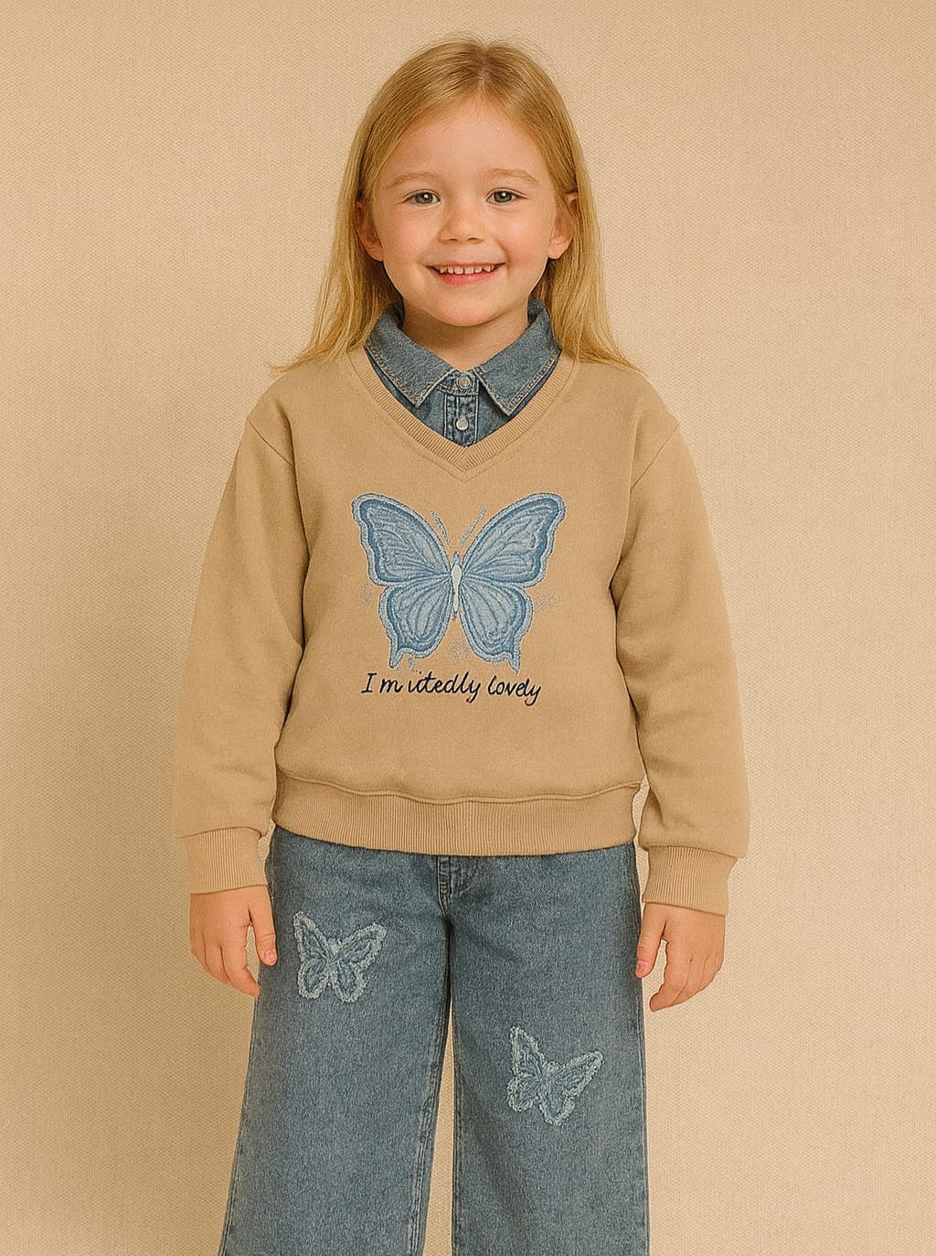 Girls Sweatshirt with Jeans Neck – Butterfly Design