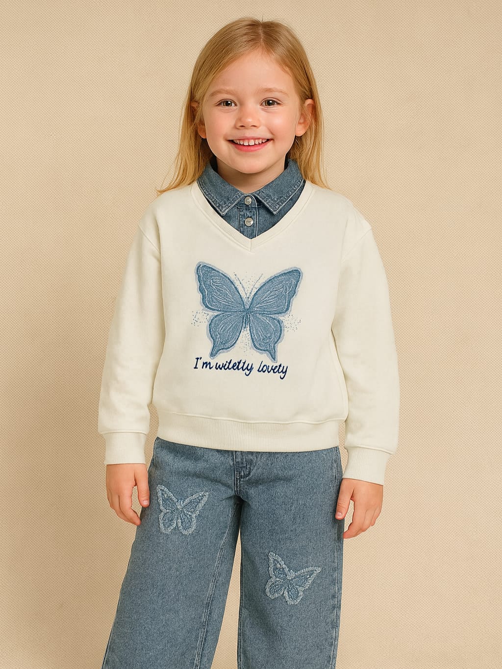 Girls Sweatshirt with Jeans Neck – Butterfly Design