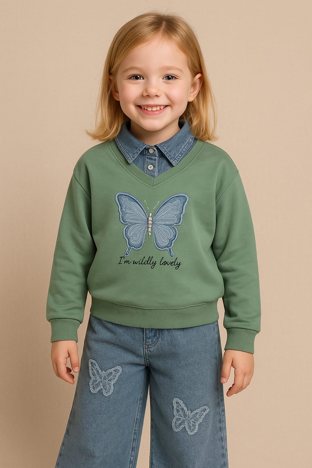 Girls Sweatshirt with Jeans Neck – Butterfly Design
