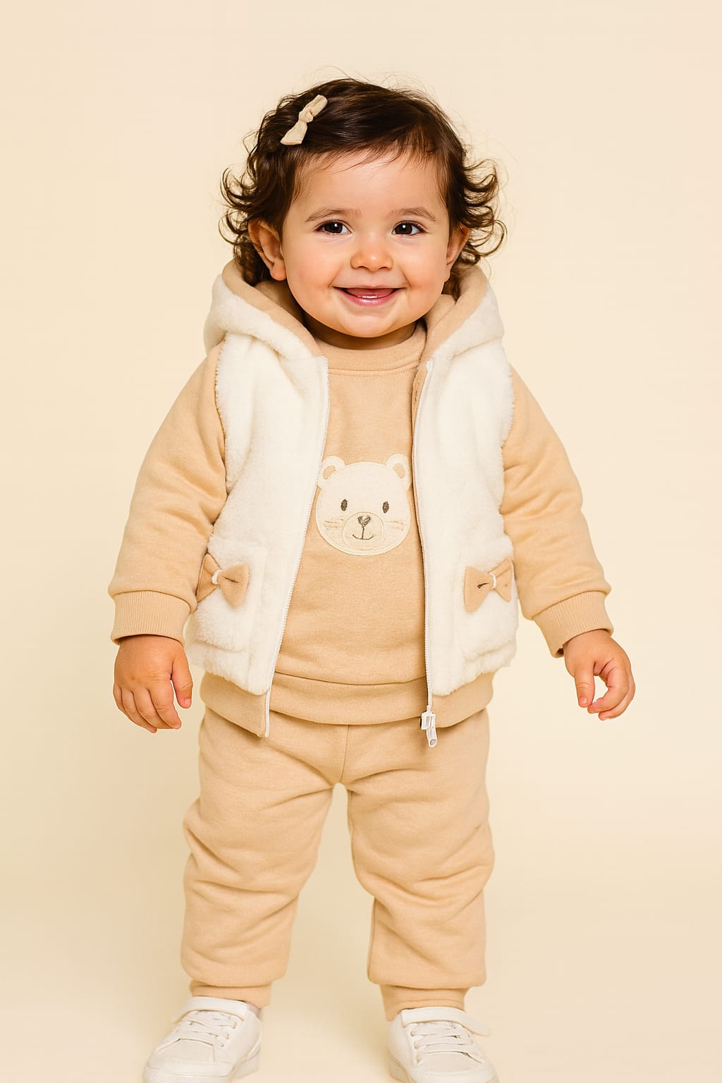 Child wearing a beige outfit with a white hood and bear design on a beige background