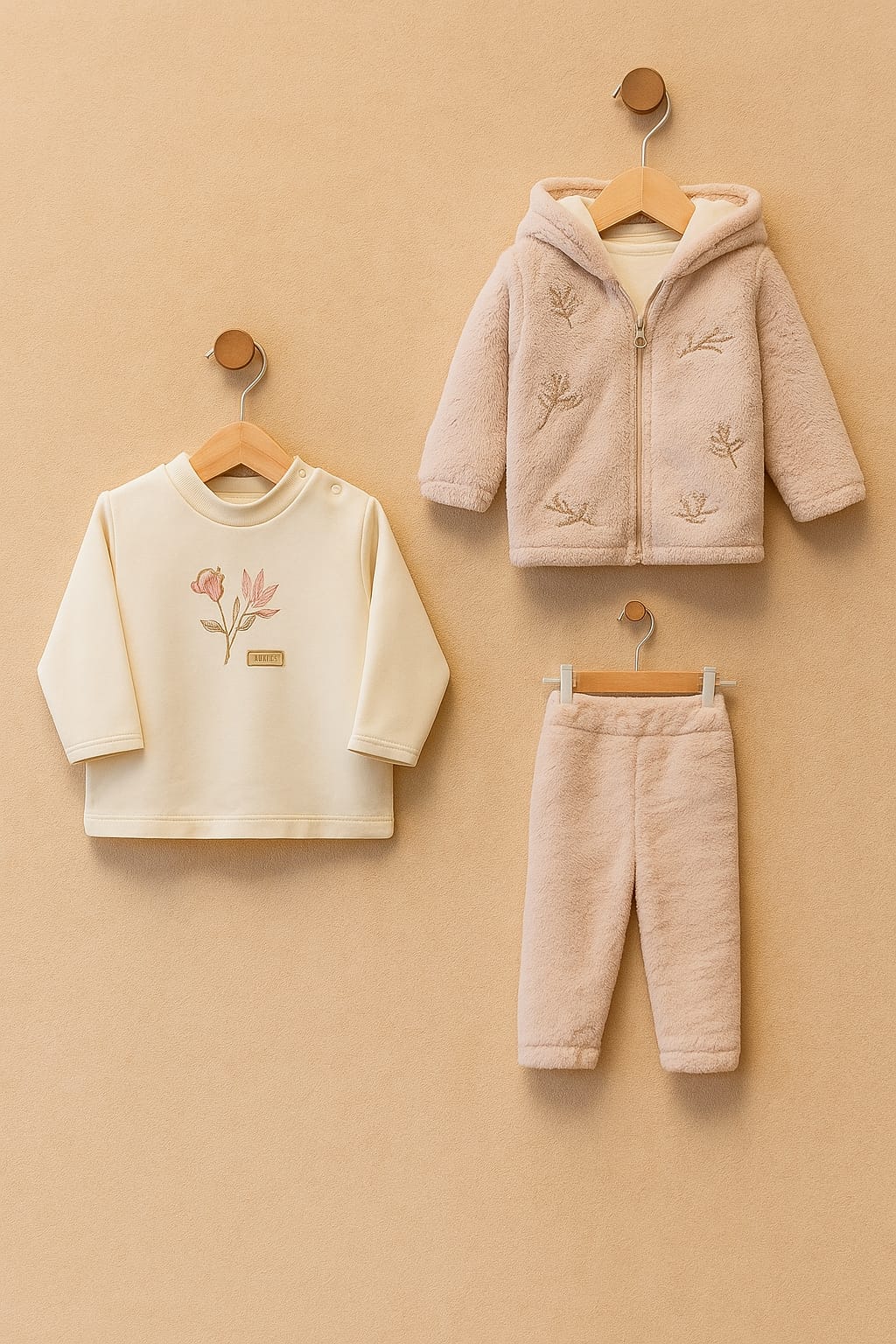 Children's clothing set with a jacket, sweatshirt, and pants on hangers against a beige wall.